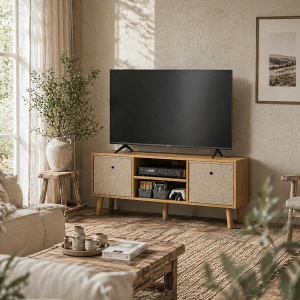 Wyld Haus Linore 110cm Wooden Brown TV Storage Cabinet With Fabric Fold Down Drawers For Screens Up To 50 Inches
