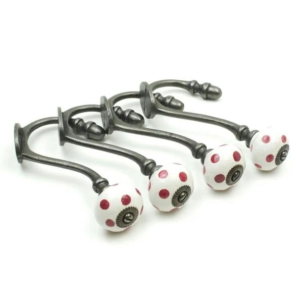 Hand Finished Pink Polka Dot Ceramic Coat Hooks - Pack of 4