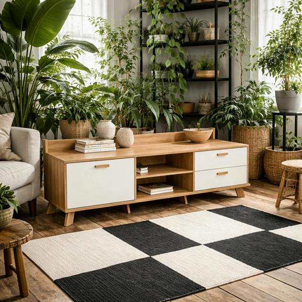 Wyld Haus Hobro White and Natural Oak Wood TV Unit with 1 Door 2 Drawers