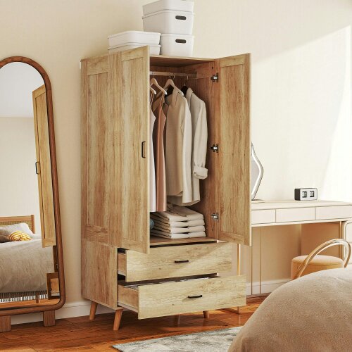 Wyld Haus Corasoro Natural Wood Finish 2 Door Modern Wardrobe With 2 Drawers And Hanging Rail