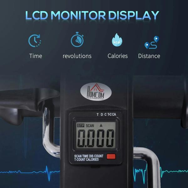 Black LCD monitor on mini exercise bike showing scan time and count calories