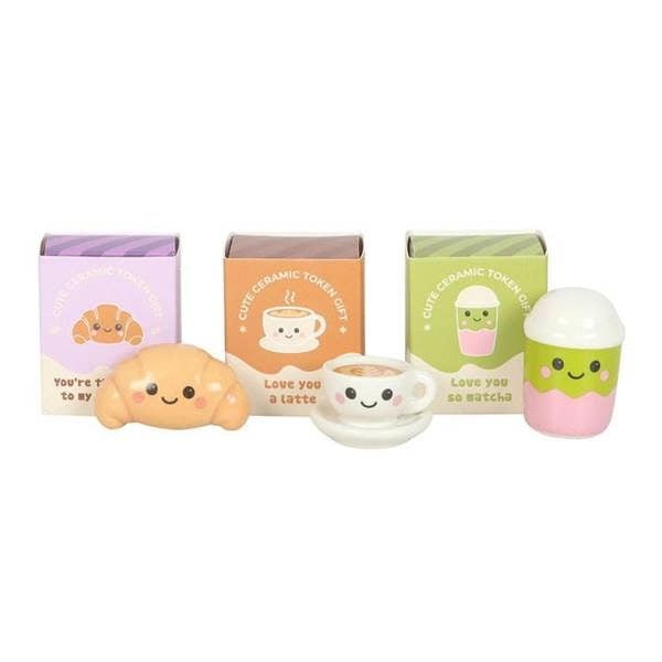 Set of ceramic kawaii token gifts in display boxes, with cute animal and drink faces