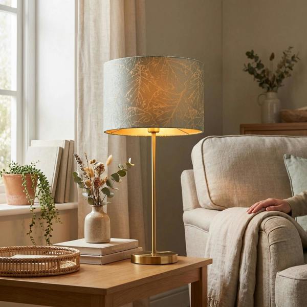 Abstract Botanical Motif Jacquard Fabric Lamp Shade in Silver Duck Egg Image 6
