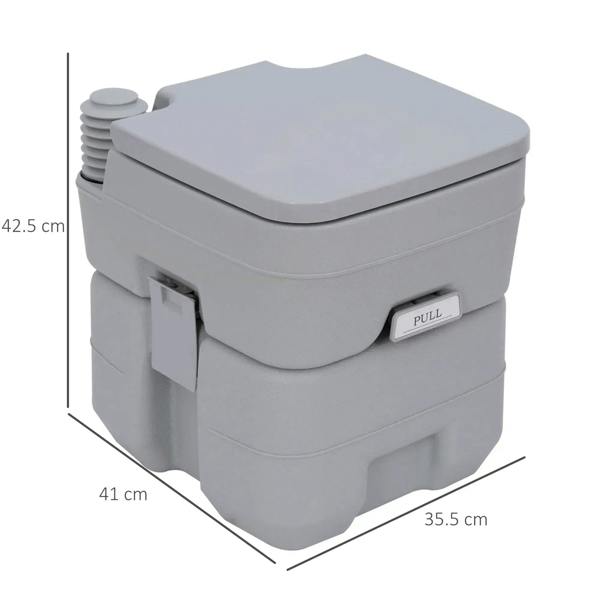 Grey portable camping toilet front view with pull latch and side access panel