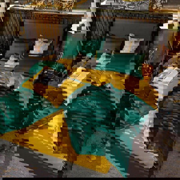 Anyhouz Anycozy Duvet Comforter Set Full Deep Green/ Yellow Blanket Bedspread 4 Pcs Bed Set