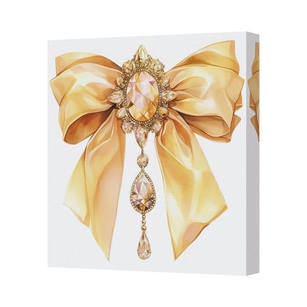 Benjamin Tate Design Gold Bow Canvas Art Print With Gem Embellished Ornament On Wood Frame
