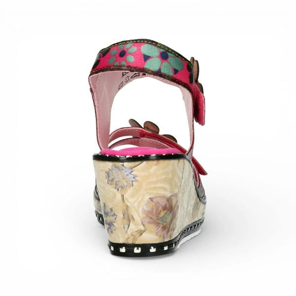 Laura Vita Ballon 08 - Women's Pink Floral Leather Wedge Sandals