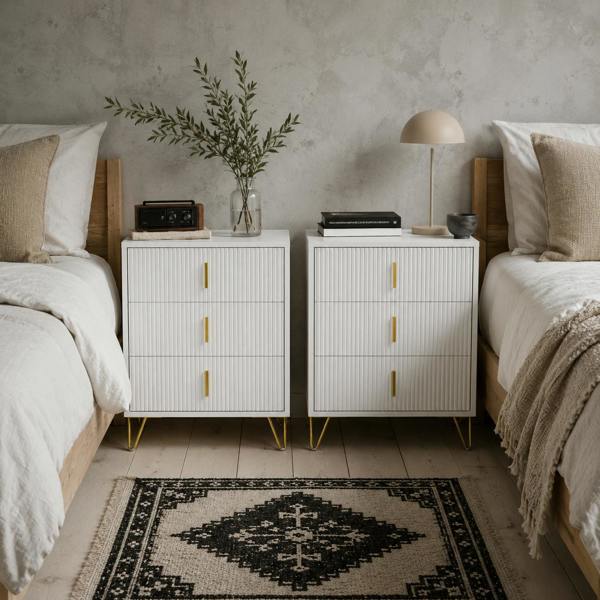 Wyld Haus Renina Set Of 2 Wooden White and Gold Tone 3 Drawer Elegant Storage Bedside Tables