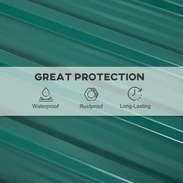 Green corrugated steel roof sheet panel close-up with long ridges