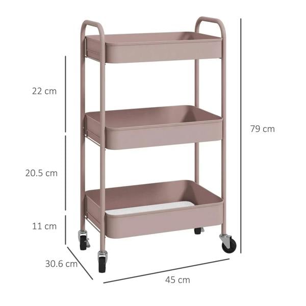 Pink three-tier steel storage trolley with three open shelves and caster wheels; 45 cm wide