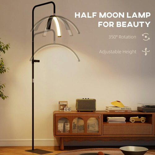 Wyld Haus Elma Metal Black Half Moon Beauty Floor Lamp With Rotating Head Colour Control And Phone Holder