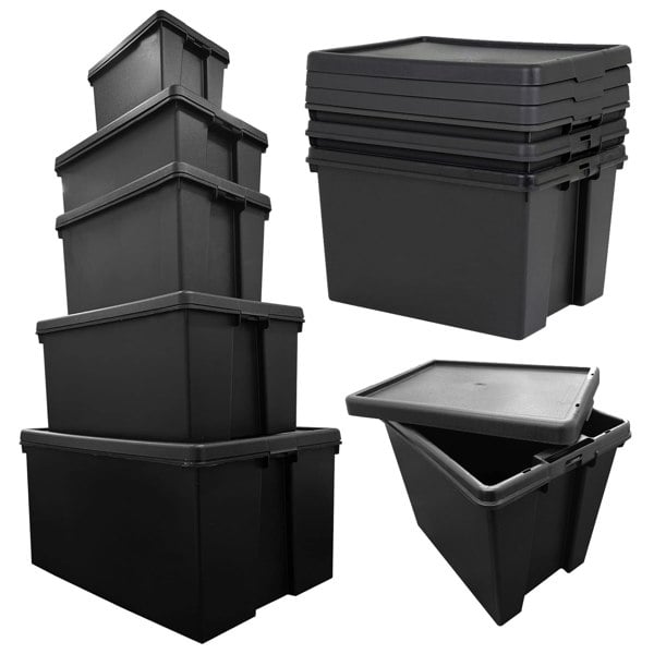 1 x Extra Large 24 Litre Stackable Black Strong Impact Resistant Plastic Container With Lid