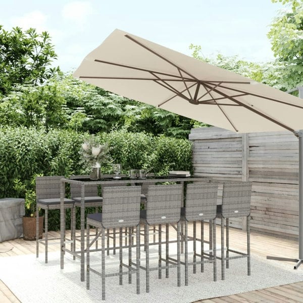 Berkfield 9 Piece Garden Bar Set with Cushions Grey Poly Rattan