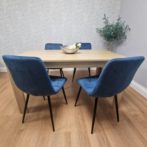 Kosy Koala Oak Effect Wood Dining Set Table with 4 Blue Velvet Chairs Kitchen Furniture
