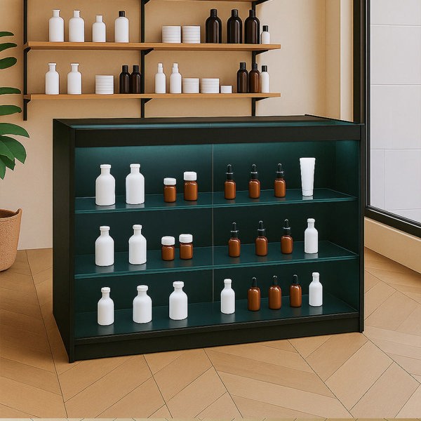 Black LED retail shop counter K1200 featuring sleek design, glass shelves, and a modern aesthetic, ideal for displaying products