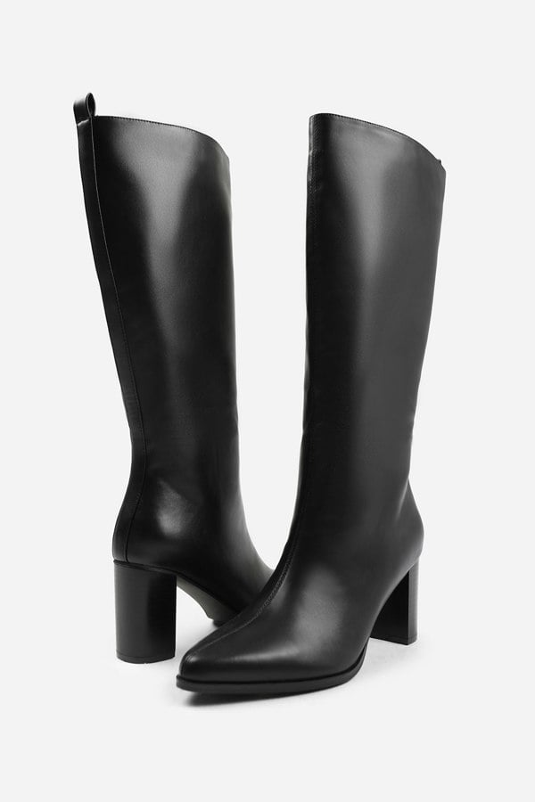 Where's That From Elder Block Heel Knee High Boots With Side Zip in Black Faux Leather