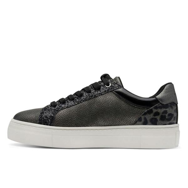 Tamaris Womens Pewter Silver Faux Leather Fashion Lace Up Sneakers