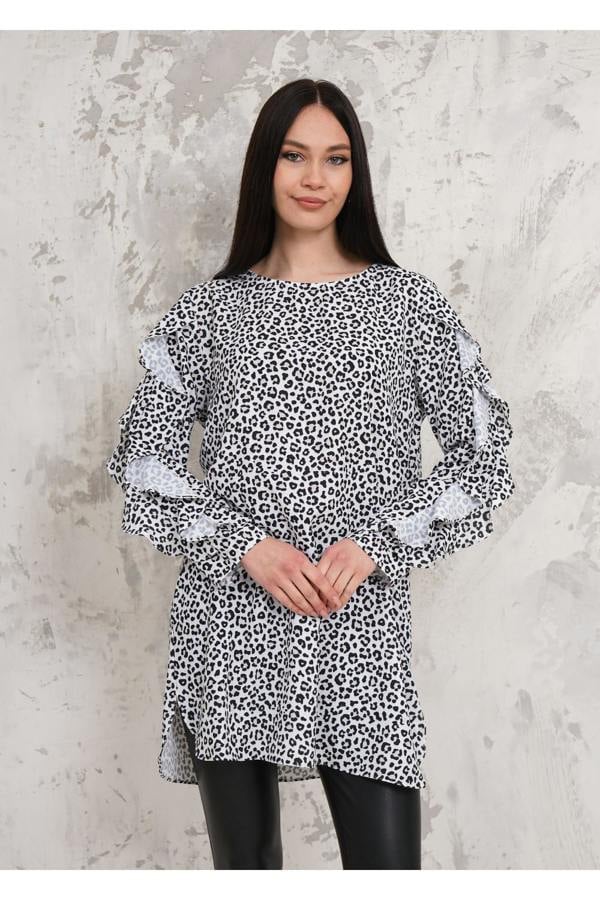 Hoxton Gal Oversized Long Ruffle Sleeve Relaxed Fit Tunic in Leopard Print