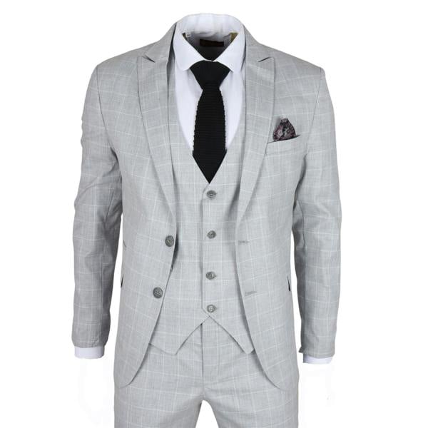 Infinity Leather Men's Grey Checked 3 Piece Suit Tailored Fit