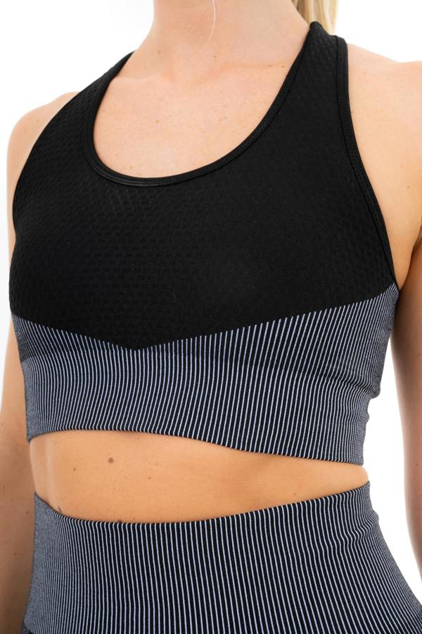 Smart Living Women's Textured Panel Sports Bra with Cross Strap - Black/ Grey