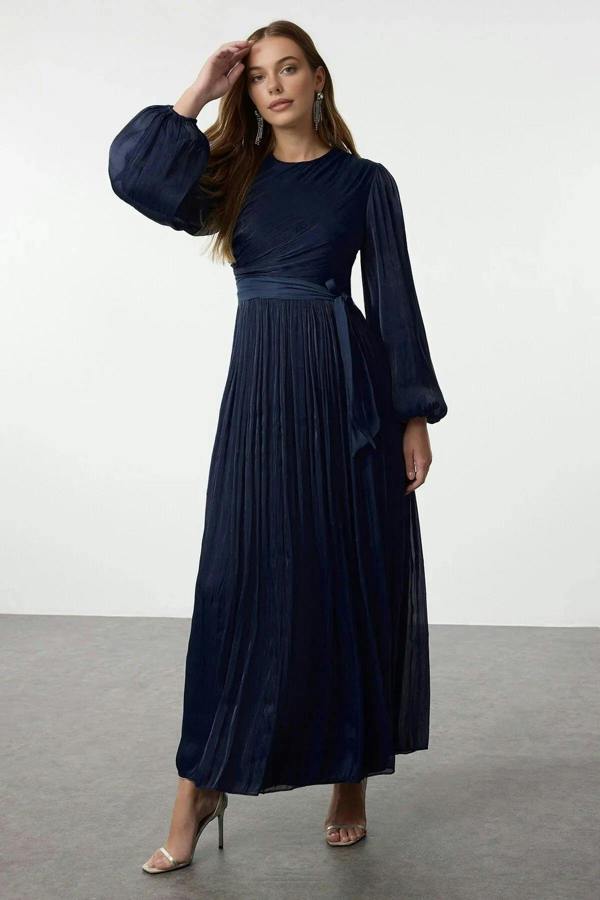 WOVCOR Belted Glittery Lined Chiffon Dress