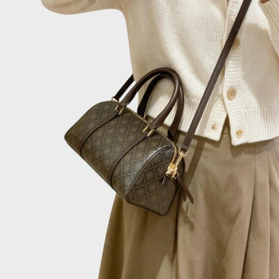 Tory Burch T Monogram Coated Canvas Mini Barrel Bag French Press Brown