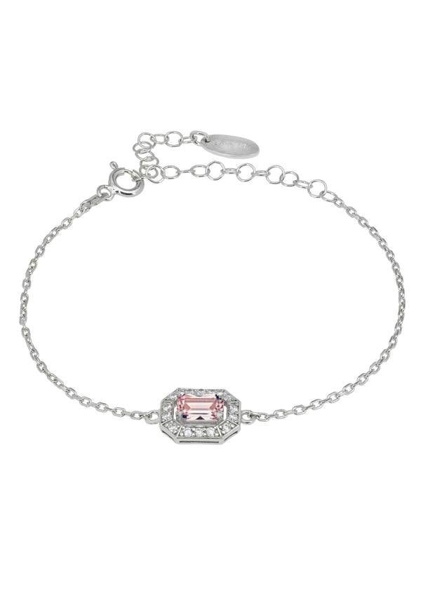 Silver bracelet with a pink gemstone on a white background