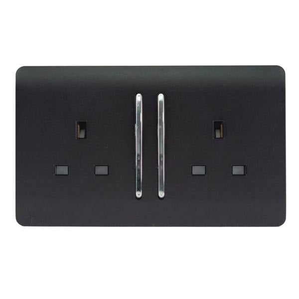 Trendi Switch 2 Gang Long Switched Plug Socket in Matt Black