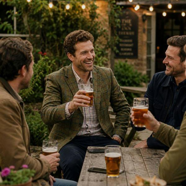Countryman wearing Hoggs of Fife Kingussie tweed sports jacket in the pub garden celebrating with friends