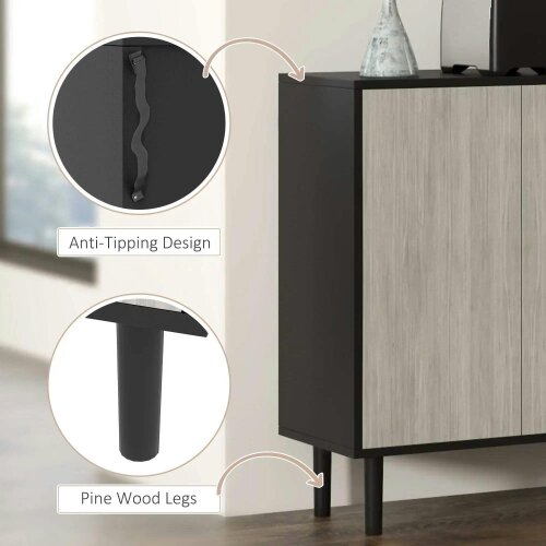 Bobobiy Kitchen Sideboard Storage Cabinet for Living Room with Adjustable Shelves 4 Doors and Pine Wood Legs Black
