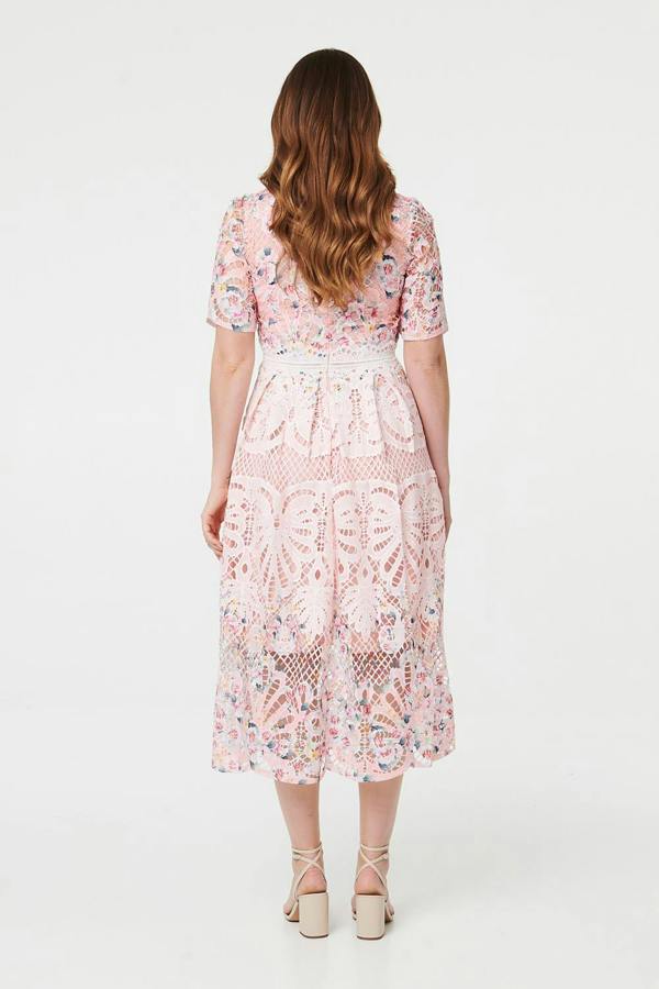 Pink | Floral Mesh Layer 1/2 Sleeve Midi Dress