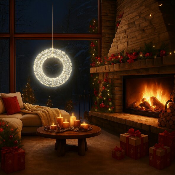 Scotts of Stow Xmas Haus Pre Lit Micro LED Wreath with 5m Lead Timer