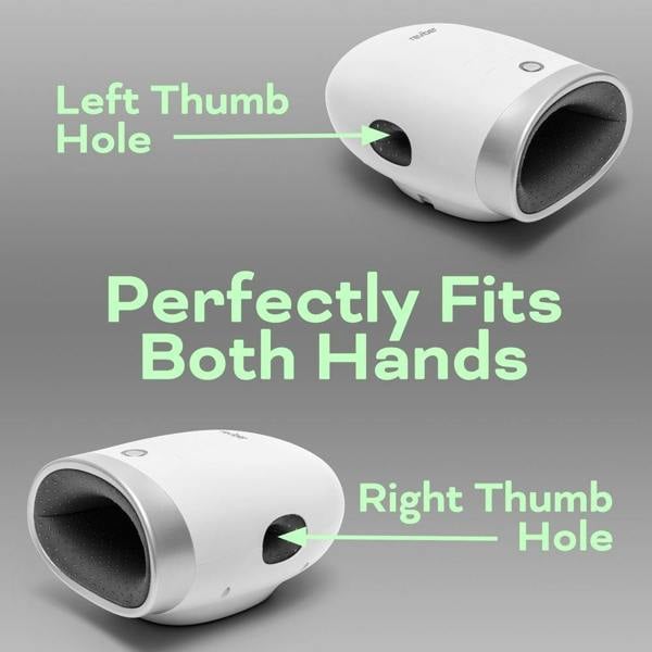 Two images of the Reviber Hand Spa Massager with Heat & Finger Stretch, a white device by Reviber featuring labeled Left Thumb Hole and Right Thumb Hole. The text "Perfectly Fits Both Hands" appears in the center, highlighting its ambidextrous design and versatile extendable handle.