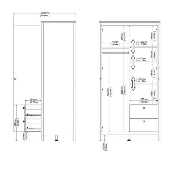 Wyld Haus Wildberry Matt White Wooden Mirror Wardrobe 2 Doors 2 Drawers Leather Handles
