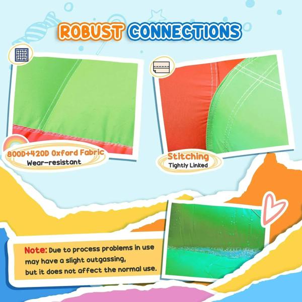 Close-up of inflatable bounce castle fabric panels for robust connections, green and orange