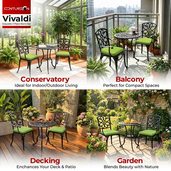 Centurion Supports VIVALDI Black 3-Piece Cast Aluminium Garden Bistro Set - with Green Cushions