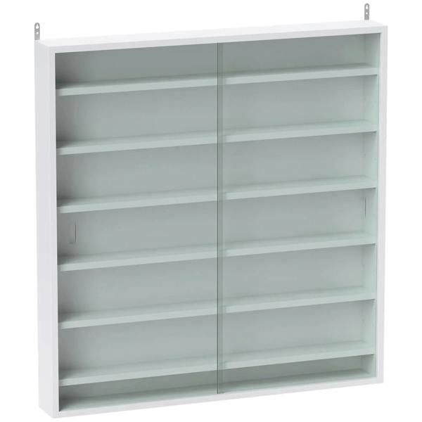 White six-shelf display cabinet with two glass doors and interior shelves