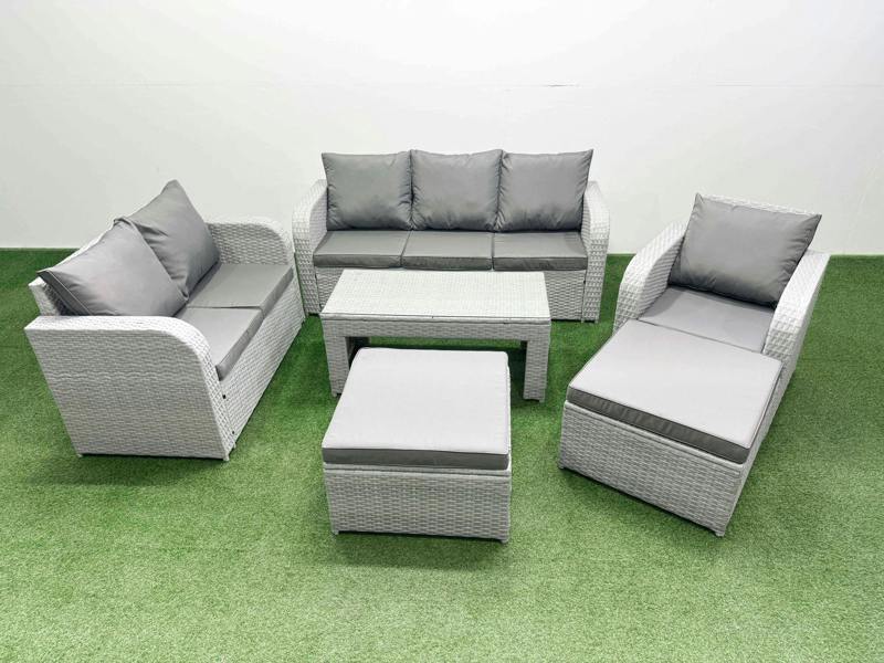 Fimous 8 Seater Lounge Set, PE Wicker Rattan Garden Furniture, Coffee Table, Reclining Chair, Loveseat, 3 Seater Sofa, 2 Big Footstools, Light Grey
