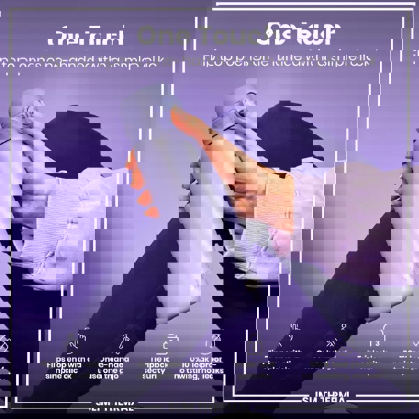 A lavender water bottle is held; its flip top opens one-handed. The context is a purple background. "One Touch. Flip top opens one-handed with a simple click. Flips open with a simple click. One-handed use on the go. Triple lock security. 100% leak proof - no twisting, no leaks. SLIM THERMAL."