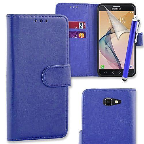 PU Leather Flip Wallet Case Cover Pouch for Samsung Galaxy A3 (2017) with Screen Protector, Polishing Cloth and Stylus - Blue + Mini Stylus
