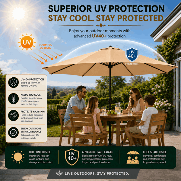 GlamHaus Garden Parasol Table Umbrella 2.7M with Crank Handle, UV40 Protection, Includes Protection Cover, Robust Steel - Sand