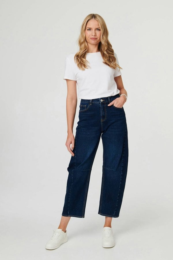 Blue | High Waist Cropped Barrel Leg Jeans
