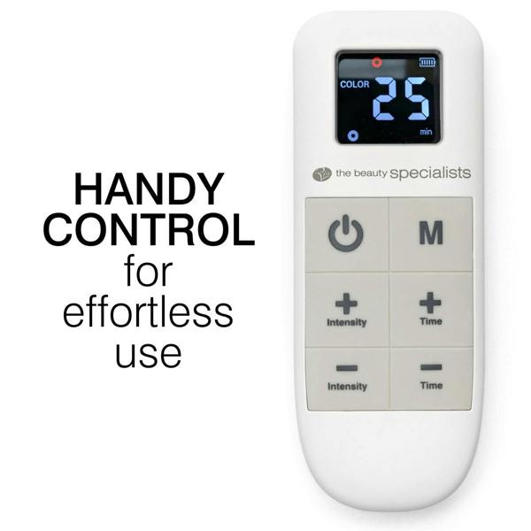 The Rio LED Face Mask features a white handheld remote by Rio with a digital display (COLOR 25 min) and buttons for intensity, time, and mode, providing handy control for easy anti-ageing LED light therapy routines.