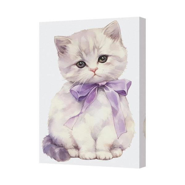 Benjamin Tate Design Cute Watercolor Kitten Canvas Wall Art With Purple Bow