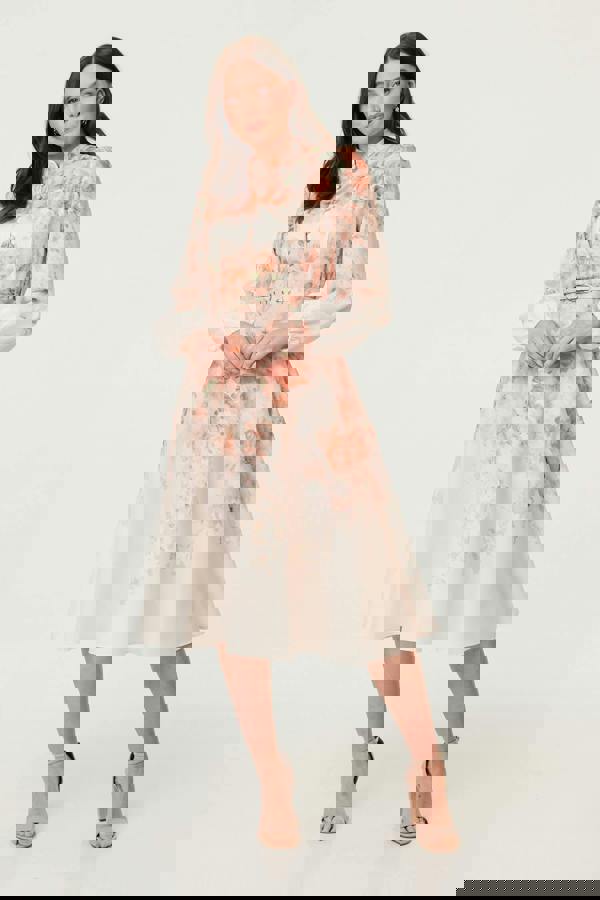 Pink | Floral Belted High Neck Midi Dress