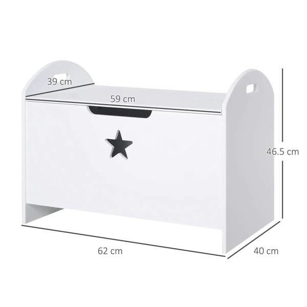 White kids toy storage box size diagram with star front and black pull handle