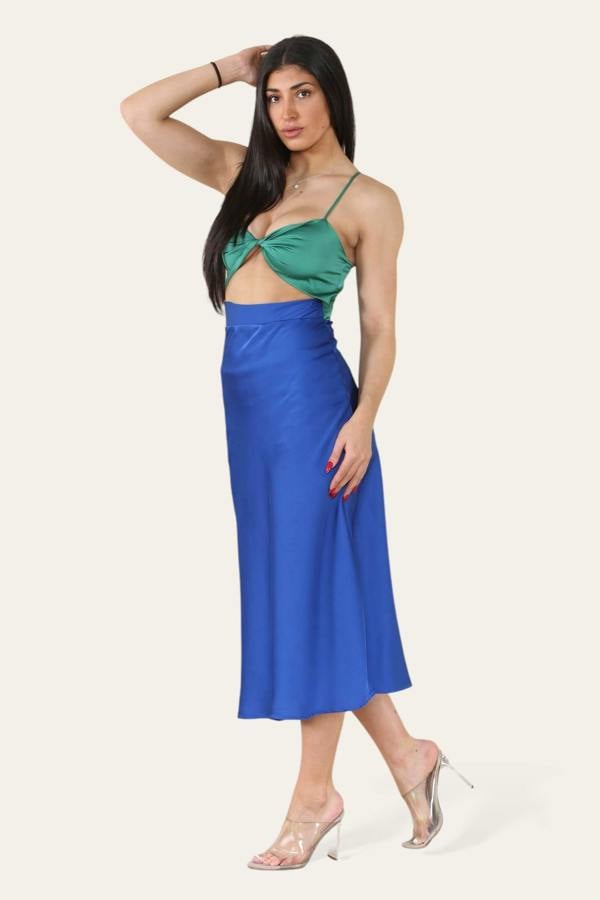 Women's Satin Sleeveless Midi Dress with Mermaid Wrap Style and Contrasting Green & Blue- Elegant Strappy Cocktail Summer Outfit - Elaina Fashion