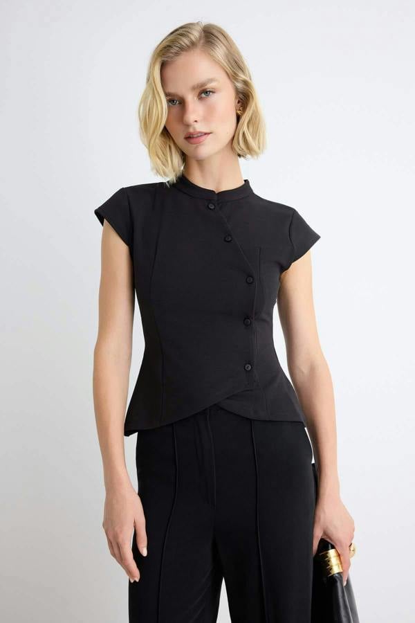 WOVCOR Fitted Mandarin Collar Bracelet Sleeve Button Detail Asymmetric Blouse