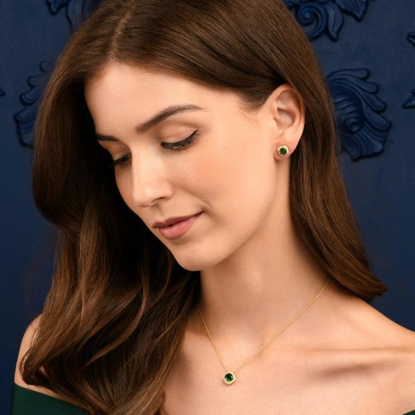 namana Gold Plated Sterling Silver Green Cubic Zirconia Cushion Halo Stud Earrings