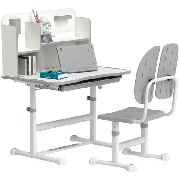 Grey kids desk and chair set with tiltable tabletop, reading rack, and height adjustment.